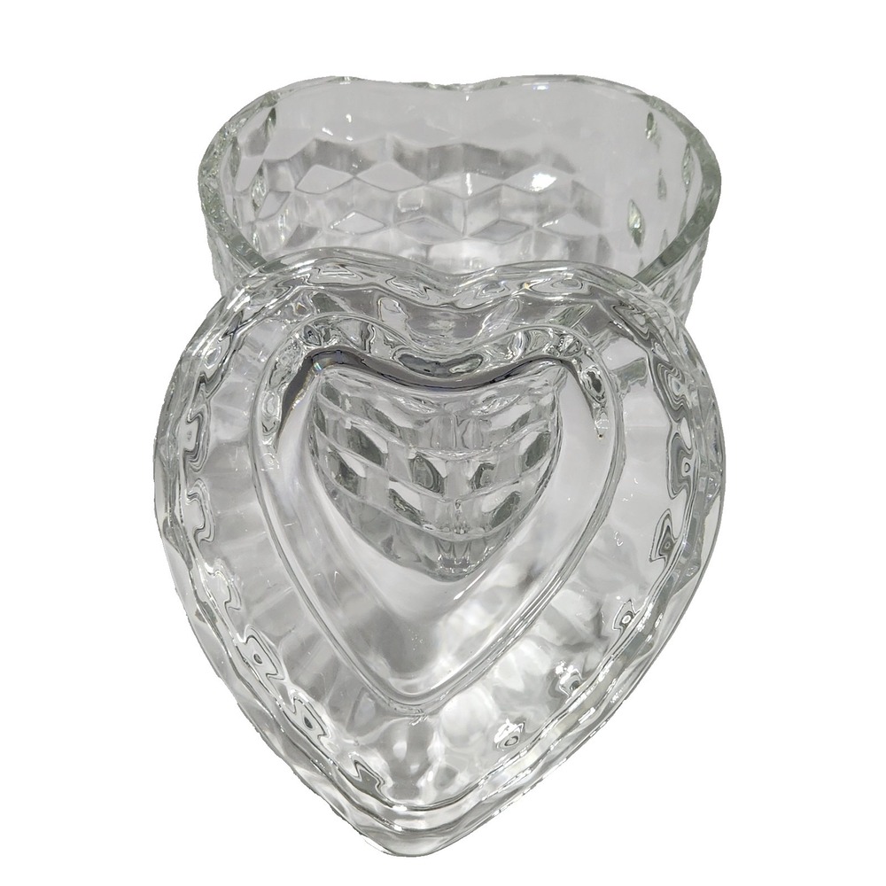 Heart Shaped Glass Trinket Box Vintage HOMCO Lidded Candy Dish 6 Inch